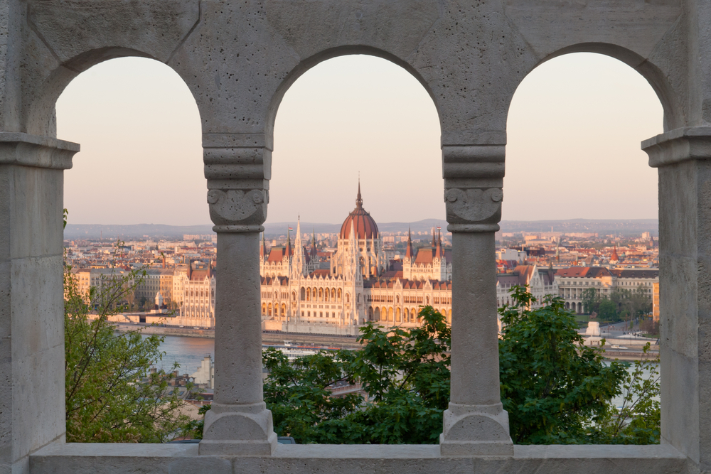 Hungarian Parliament from Buda Castle, Budapest, Hungary at sunset