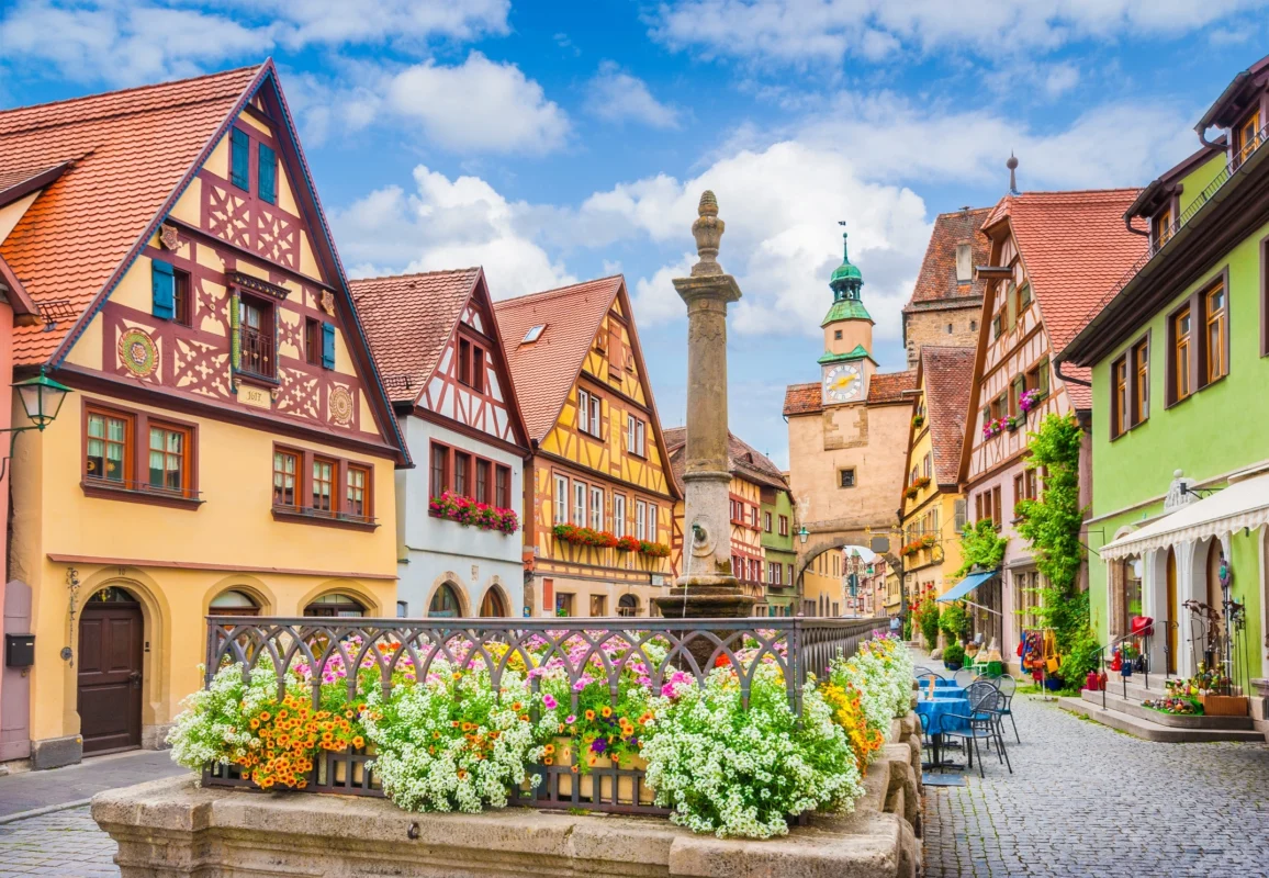 Colorful timbered buildings in the town of Rothenburg ob der Tauber on the romantic road in Germany